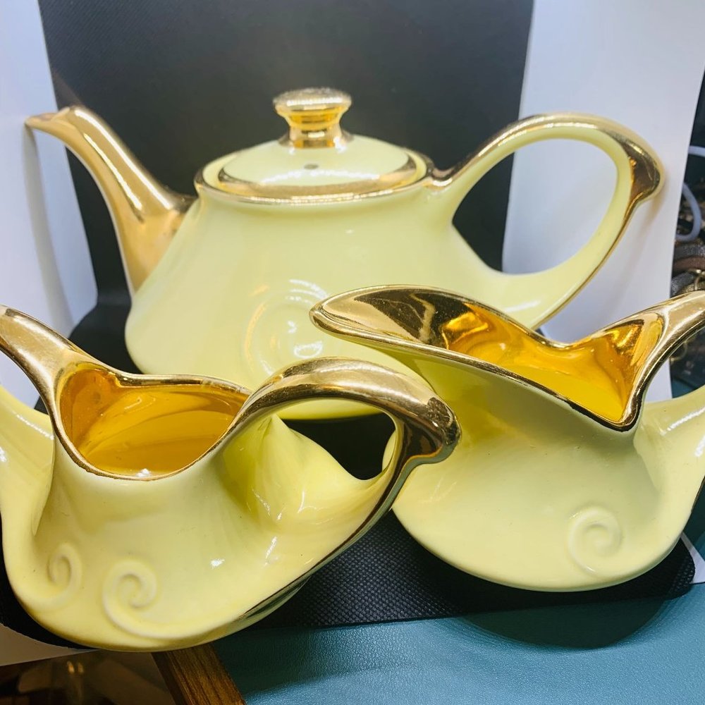 Pearl China Co. Vintage Tea Set Yellow 24K Gold Teapot Sugar Creamer Set